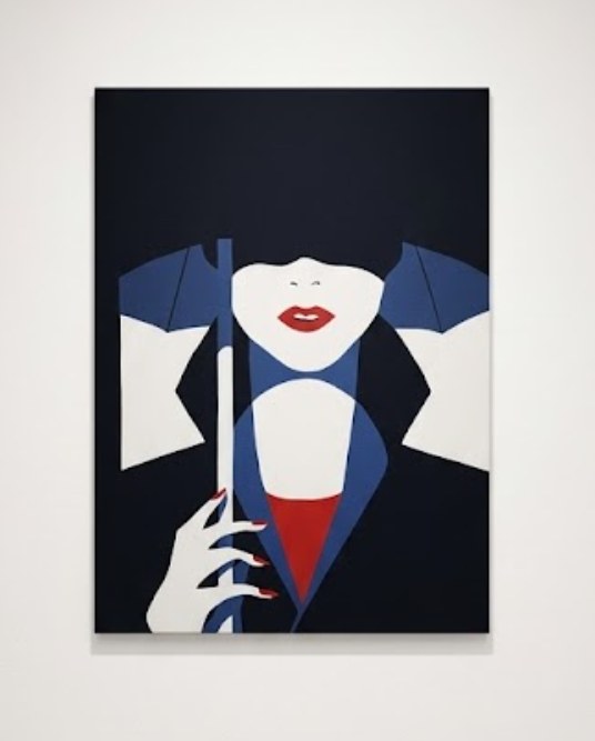Femme au visage à demi-masqué par un parapluie, bleu profond, blanc et rouge